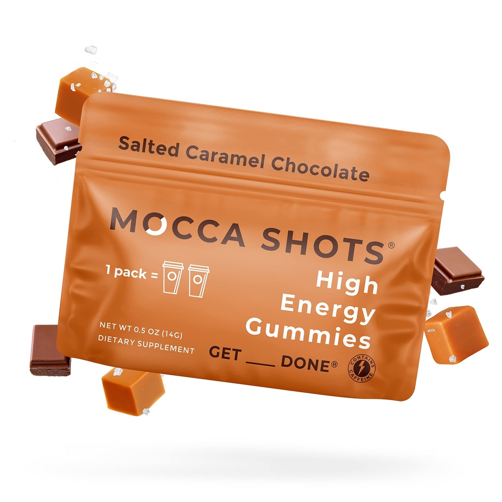 SGC Højeste koncentration 100mg koffein pr Gummy, 2 Gummies pr Pack, 6 -Pack Mocca Shots Saltet Caramel Plant- baseret nootrope Instant Energy med Ginkgo biloba, Theobromin.