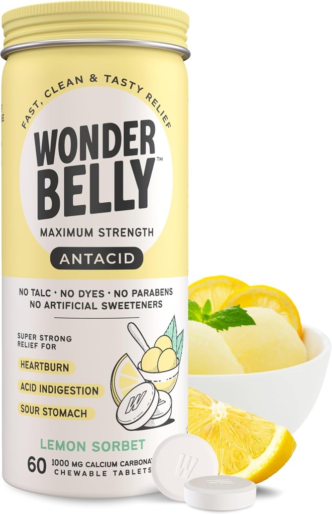 Wondermave Antacida, Effektiv Heartburn og Instant Acid fordøjelsesbesvær Relief, Ekstra styrke tyggetabletter, 1000 mg Calcium Carbonat, Ingen Talc eller Dye, Lemon Sorbet, 60 Greve
