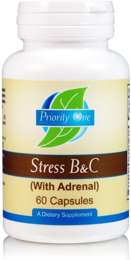 Prioriteret en Vitamin Stress B & C 60 Kapsler - B Kompleks med hele Gland Adrenal til støtte sunde nerver, hud, øjne, gastrointestinale, og hjerne funktioner. *