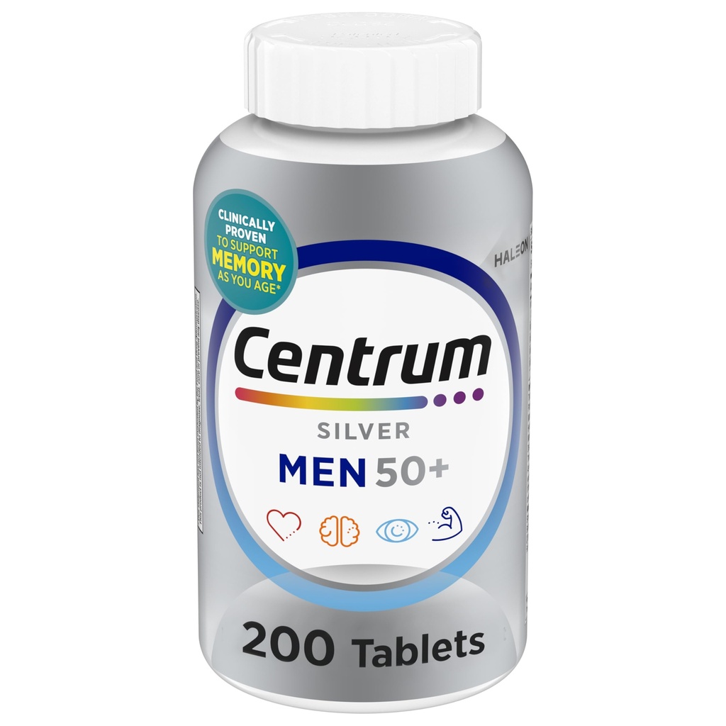 Centrum Sølv Mænd 50 + Multivitamin med vitamin D3, B-vitaminer, zink til hukommelse og kognition - 200 tabletter