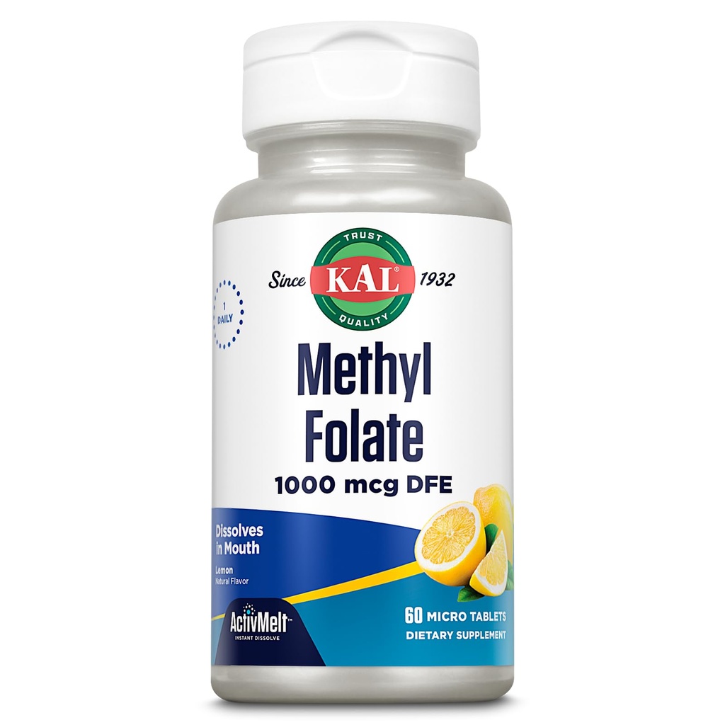 KAL Methyl Folate 1000 mcg, 5-MTHF Aktiv Form, Folinsyre tillæg, Heart Health, Prenatal, Mood and Brain Support, Vegetarisk, Natural Lemon ActivMelt, 60- Day Garanti, 60 Serv, 60 Micro Tablets