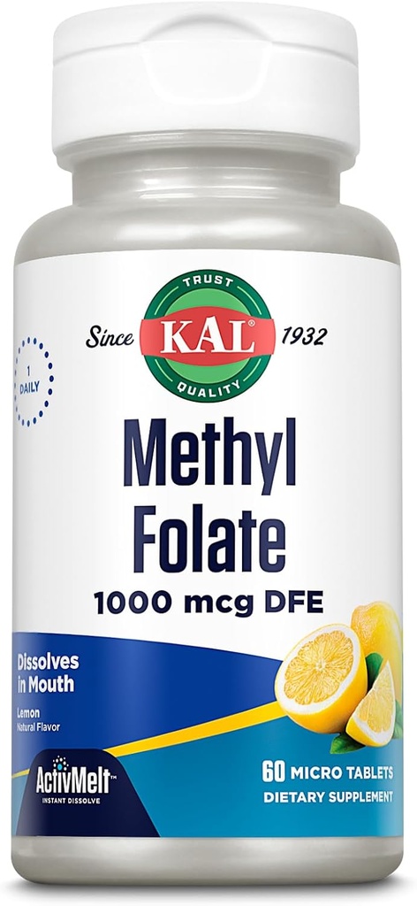 KAL Methyl Folate 1000 mcg, 5-MTHF Aktiv Form, Folinsyre tillæg, Heart Health, Prenatal, Mood and Brain Support, Vegetarisk, Natural Lemon ActivMelt, 60- Day Garanti, 60 Serv, 60 Micro Tablets