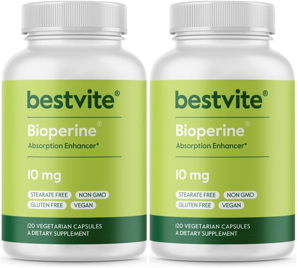Bioperine 10mg (240 vegetariske kapsler) (120 x 2) - No Stearates - Vegan - Non GMO - Gluten Free - Absorption Enhancer