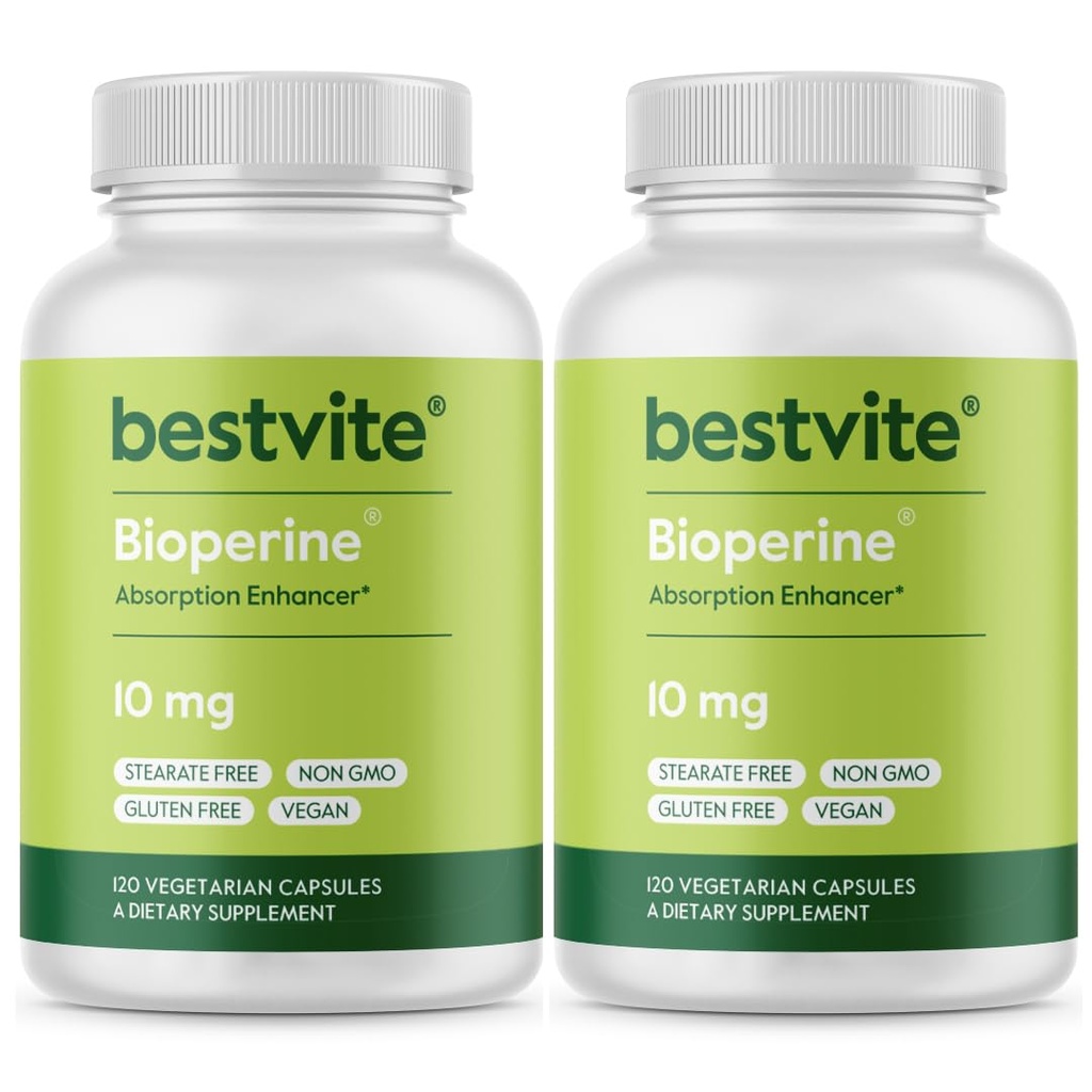 Bioperine 10mg (240 vegetariske kapsler) (120 x 2) - No Stearates - Vegan - Non GMO - Gluten Free - Absorption Enhancer