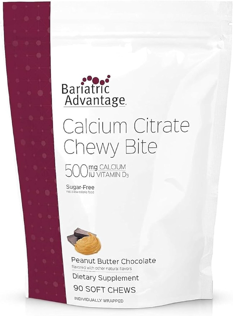Bariatric Advantage Calcium Citrate Chewy Bites 500 mg - Højt Absorberbare & fordøjelige - Vitamin D3 - Nemt Chewable Calcium supplement - Peanut Butter Chocolate - 90 Greve