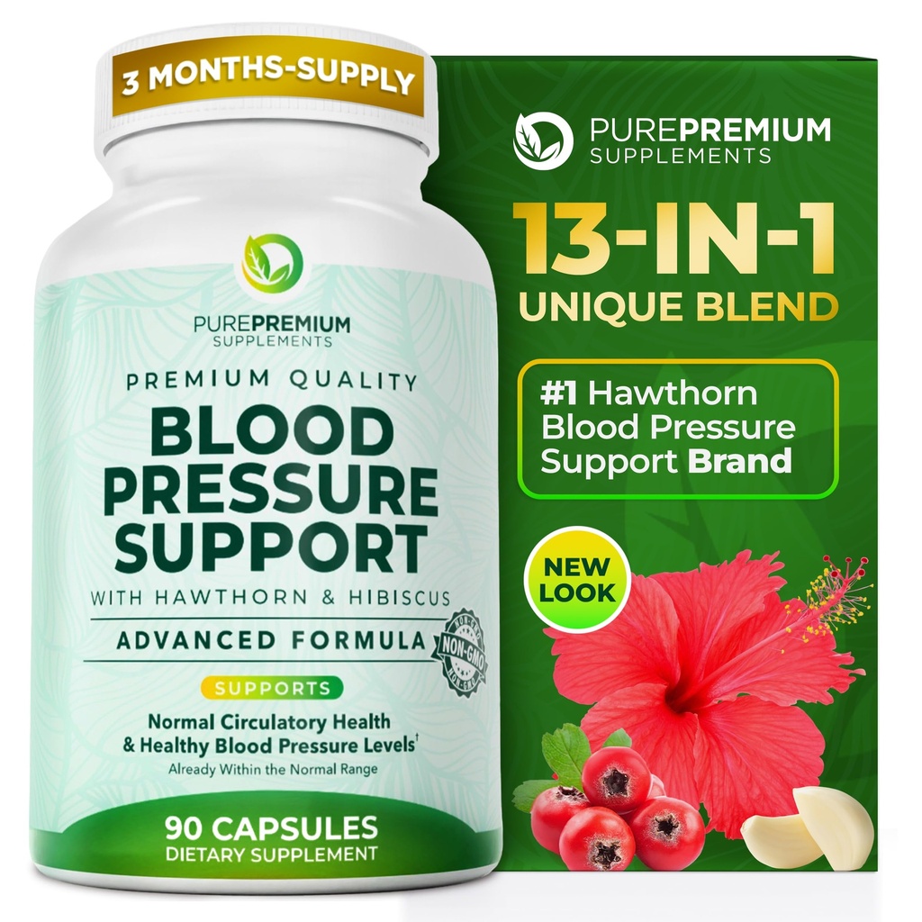 PurePremium blodtrykstillæg med Hawthorn Berry, Hibiscus, hvidløg og vitamin B12 - nitrogenoxid tillæg for normal hjerte sundhed, cirkulering sundhed & blodtryksstøtte - 90ct