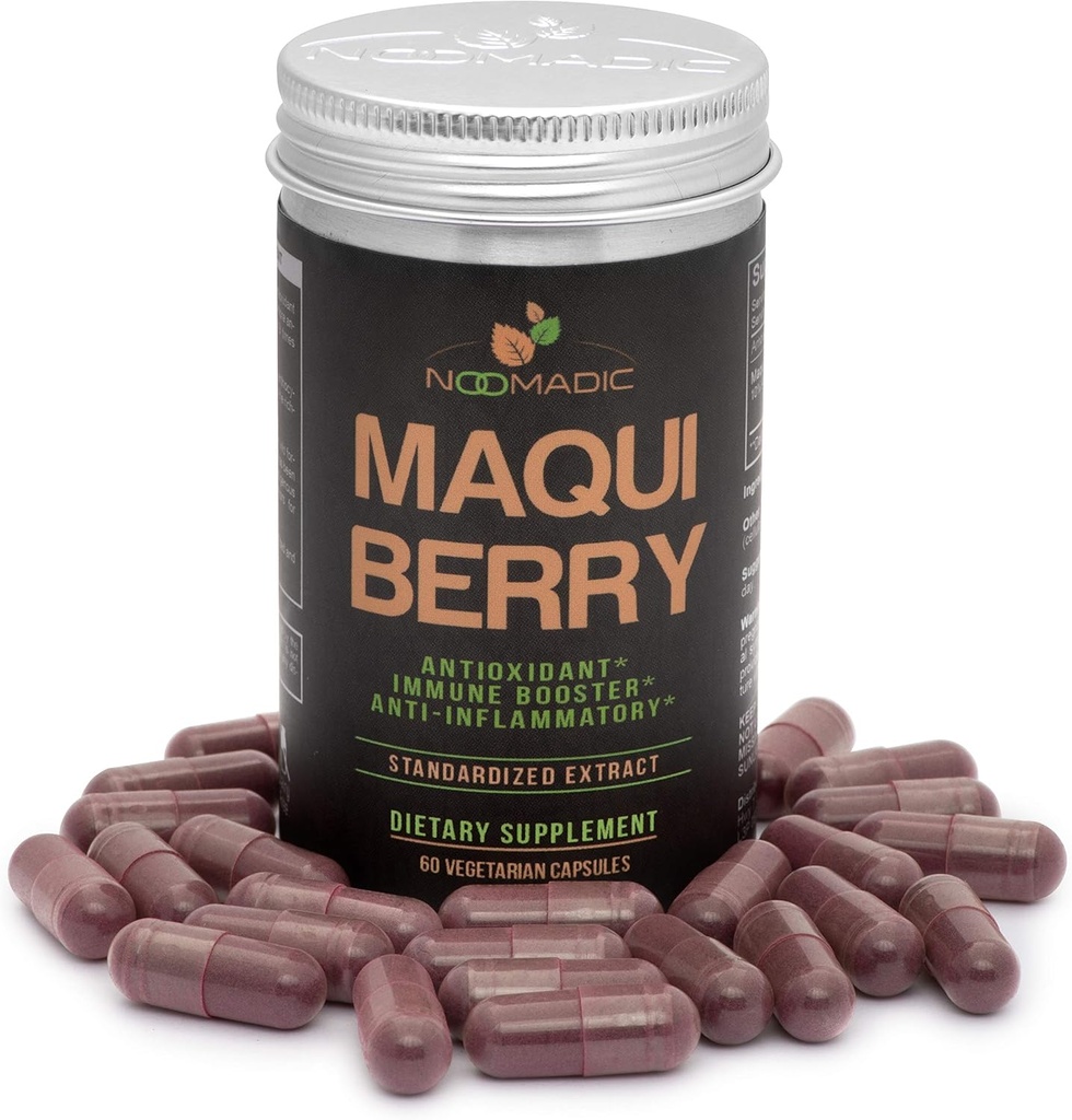 Noomadic Maqui Berry, 60 Capsules Yeach 124; 500mg Hver, Antioxidant (High ORAC), Immunsystemet support, Understøtter tørre øjne (understøtter tåre produktion), Standardized Extract (10% Antocyaniner)