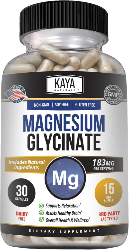 Kaya Naturals Magnesium Glycinate 183mg per Caps, Chelated for Maximum Absorption, Non- GMO, NO Gluten Dairy & Soy, Understøtter muskel og hjerte sundhed 30 Tæl