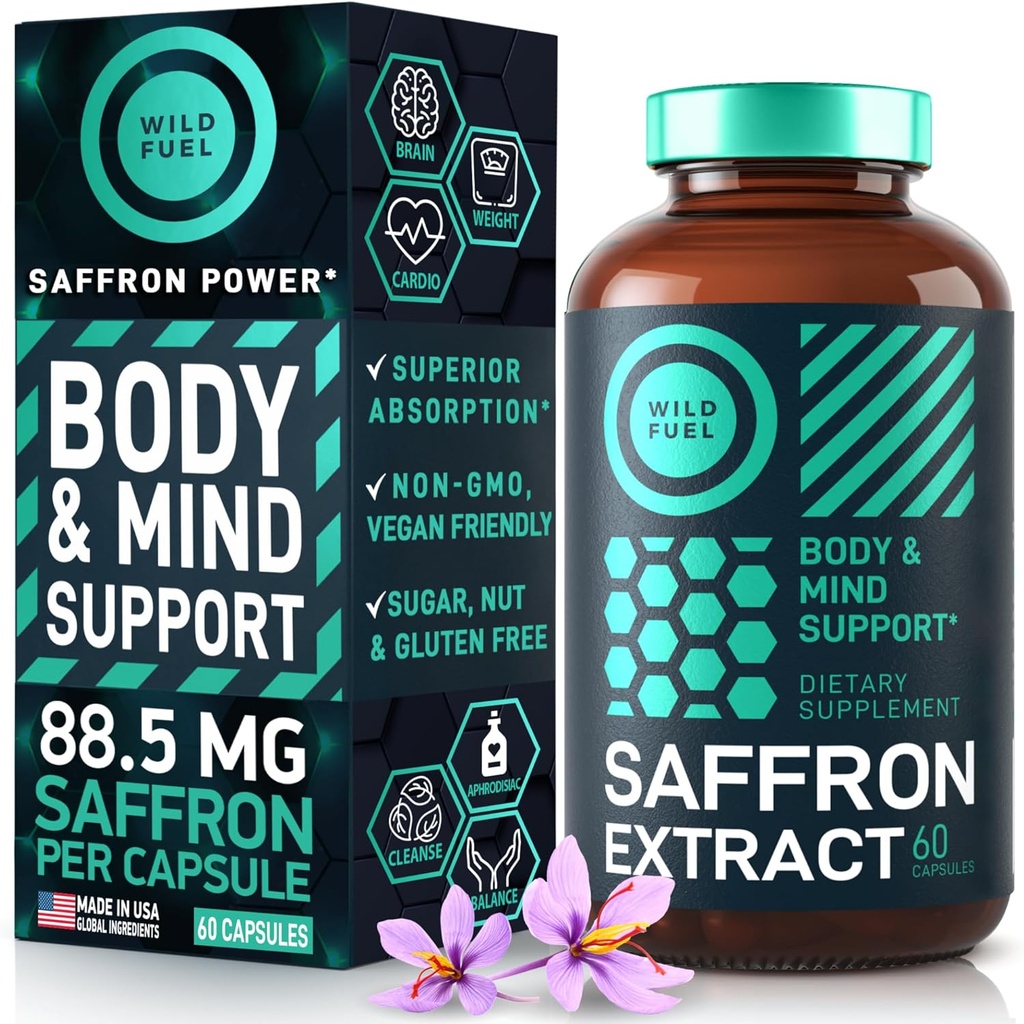 Saffron Kosttilskud til kvinder og mænd - 88.5mg Pure Saffron Extract - Antioxidant, Eye Health, Energy Support and Mood Booster - Vegan, Made in USA, 60 Kapsler Én gang dagligt