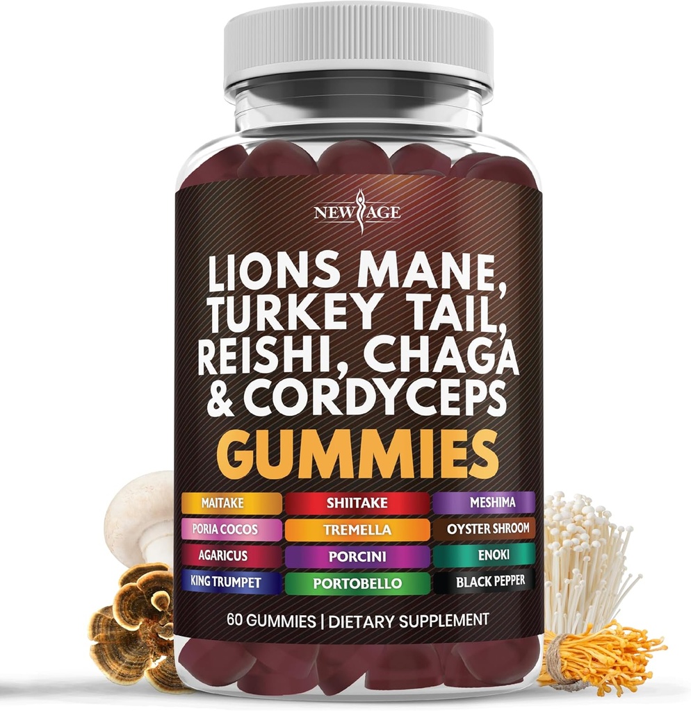NEW AGE Mushroom Lions Mane Supplement Gummies - Mushroom Supplement med Reishi, Cordyceps - 60 Greve