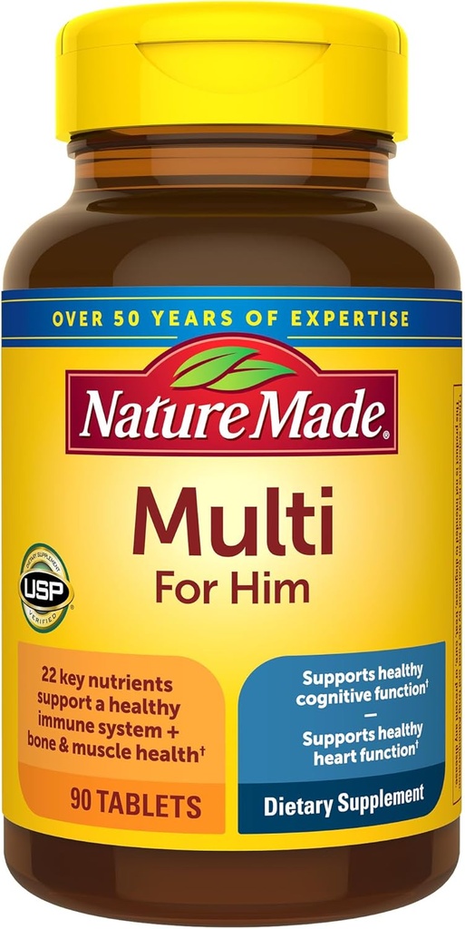 Nature Made Multivitamin til ham, Herre Multivitaminer med ingen jern, Daglig ernæringsmæssig support, Nature Made Multi Herre Vitamin & Min, 90 tabletter, 90 dages forsyning