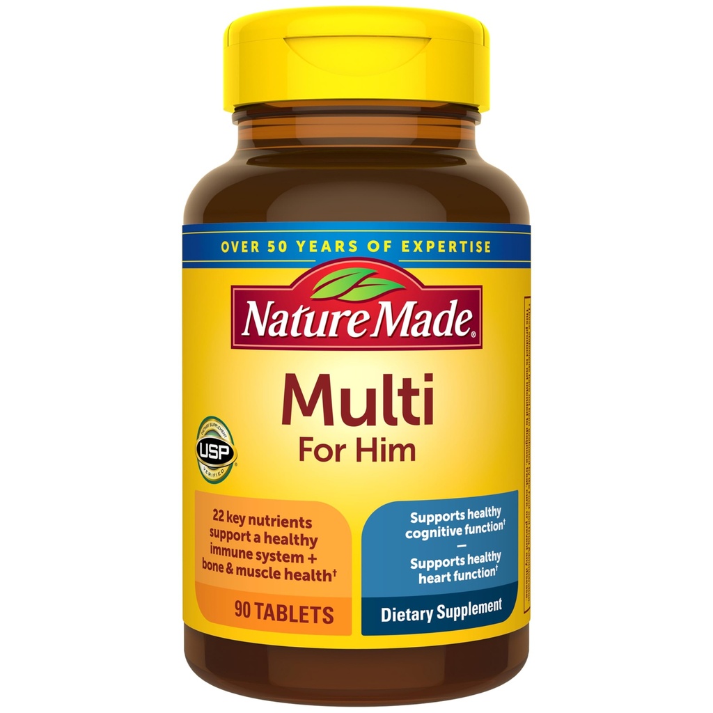 Nature Made Multivitamin til ham, Herre Multivitaminer med ingen jern, Daglig ernæringsmæssig support, Nature Made Multi Herre Vitamin & Min, 90 tabletter, 90 dages forsyning