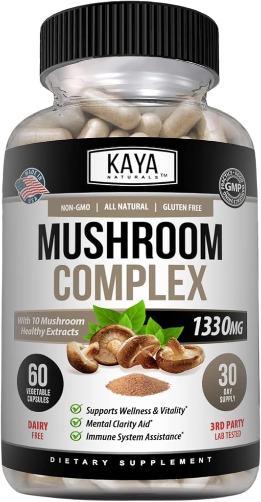 Kaya Naturals Premium Mushroom Complex Potent - Mushroom Complex Kapsler 1330mg Per Serving - Aids Mental Clarity understøtter immunsystemet, Wellness & Vitality - 60 Greve