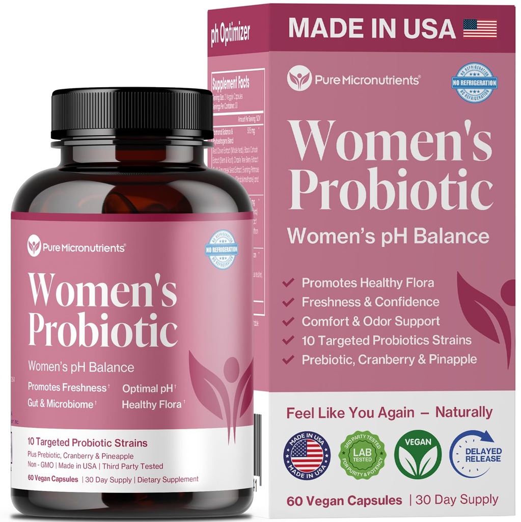 Probiotika til kvinder, PH Balance & Vaginal Health Support, 50 Millioner CFU Per Serve, Gut, fordøjelig & Urinary Tract Care, Lactobacillus & Prebiotics, 60 Kapsler