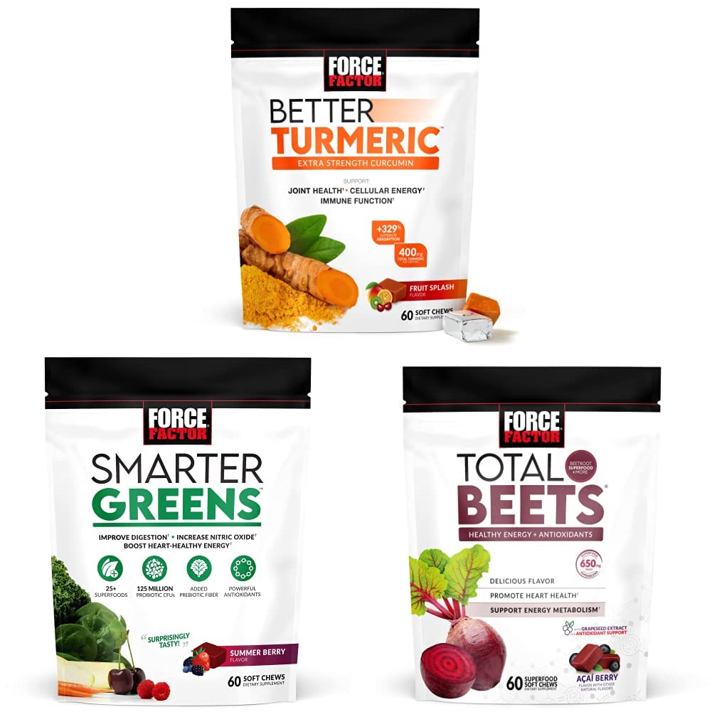Force Factor bedre gurkemeje fælles støtte supplement & smartere Grønne Superfood tykkere, 60 bløde tykkere & alt Beets bløde tykkere, 60 tykkere