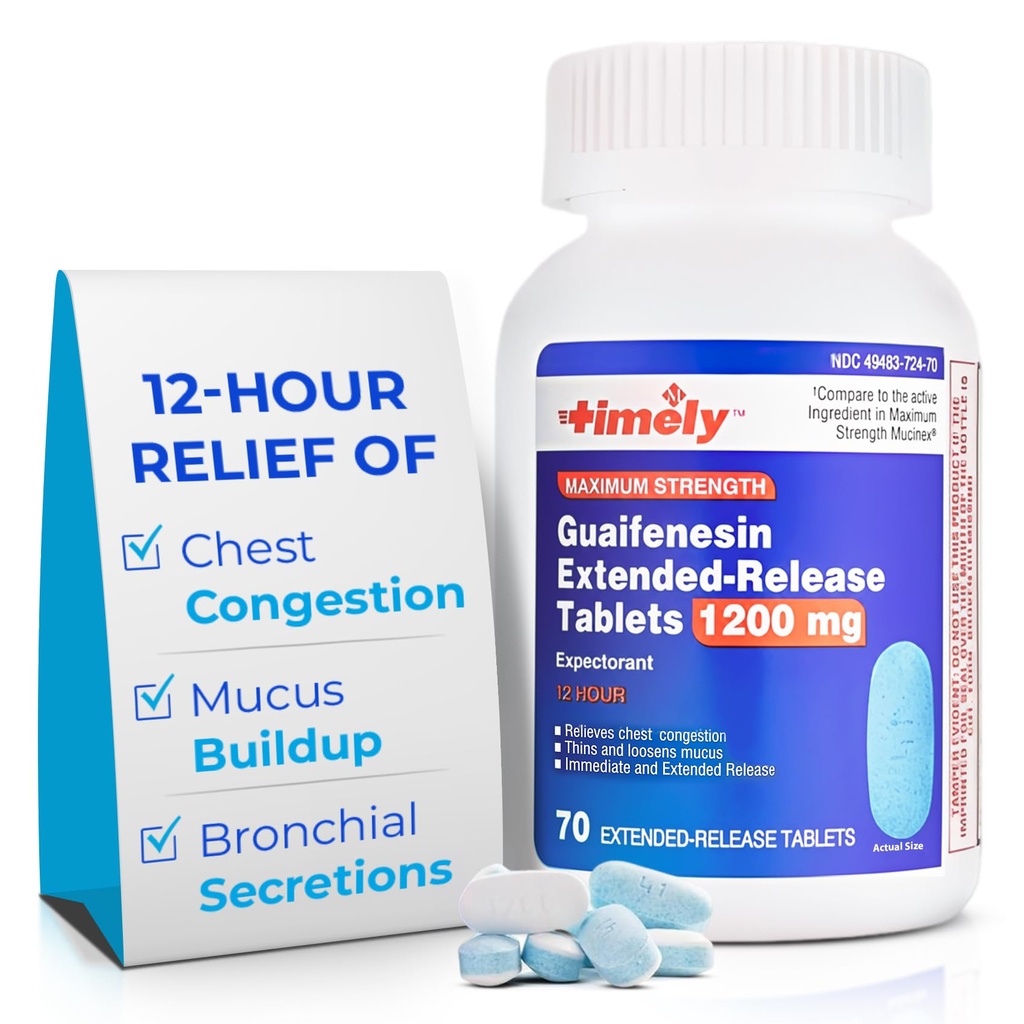 TIME-CAP LABS, INC. Tidligt Guaifenesin 1200 mg udvidede udgivelsestabletter - Expectorant Mucus Relief & Chest Congestion Relief for voksne - varer op til 12 timer - 70 Greve