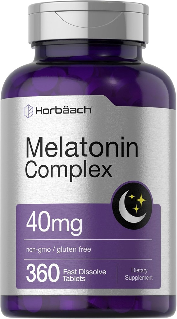 Horbäach Melatonin 40 mg Complex 1 124; 360 Fast Opløs tabletter 1 124; Adult Extra Strength Supplement 1 124; med Kamille og Ashwagandha 1 124; Vegetar, Non- GMO, Gluten Free