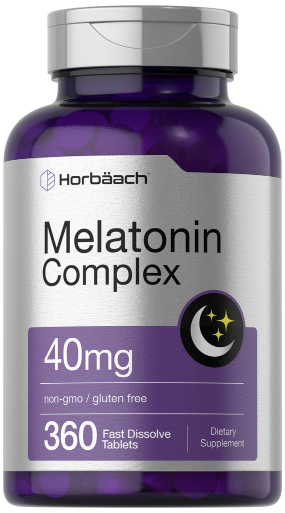 Horbäach Melatonin 40 mg Complex 1 124; 360 Fast Opløs tabletter 1 124; Adult Extra Strength Supplement 1 124; med Kamille og Ashwagandha 1 124; Vegetar, Non- GMO, Gluten Free