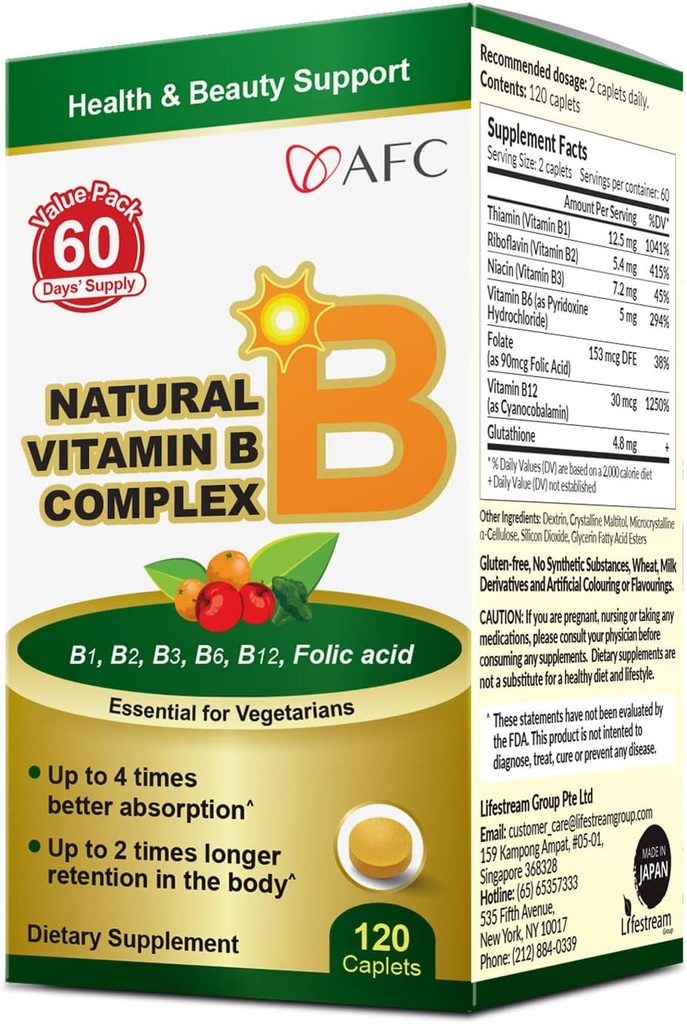 AFC Japan Natural Vitamin B Complex med B1, B2, B3, B6, B12, Folinsyre & Glutathione Yeast Extract, Ingen synthetics, Non- GMO, tillæg for stress, energi, immunforsvar & nervesystem, 120 Vegan Caplets
