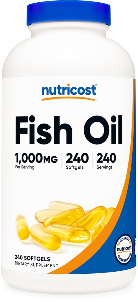 Nutricost Fish Oil Omega 3 Softgels med EPA & DHA (1000 mg fiskeolie, 560mg Omega-3), 240 Softgels, Non- GMO, Gluten Free.
