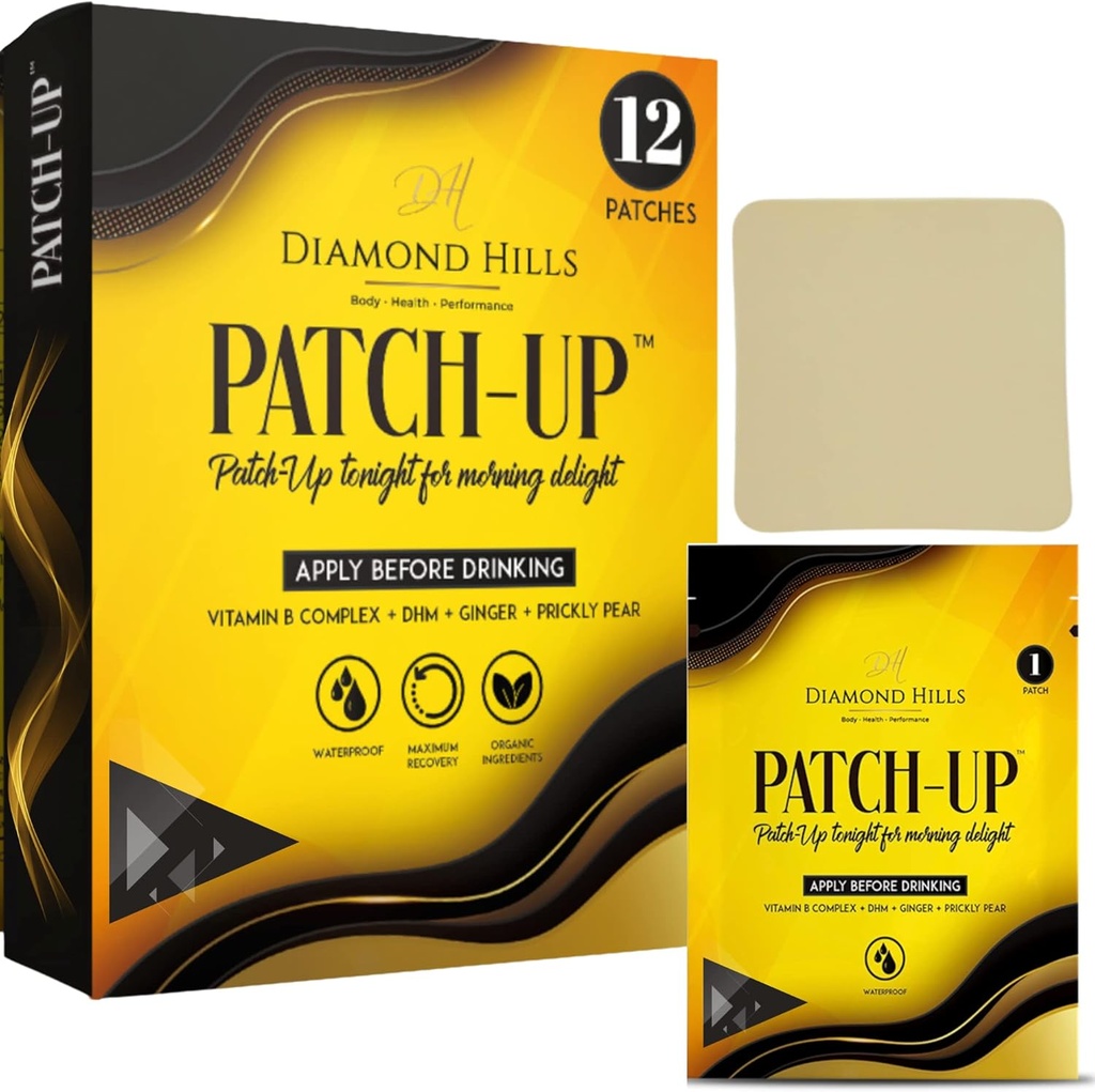 Diamond Hills Patch- Up 12pk Patches for Party Rebound, Voksen Party Favors, Vandtæt, B-vitamin, DHM, Ginger, Prickly Pære
