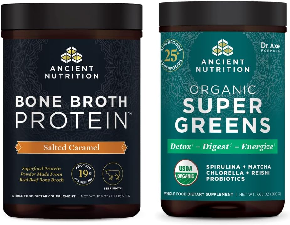 Ancient Nutrition Bone Broth Protein Powder, Saltet Caramel, 20 Servere + Økologisk Supergreens Powder, Green Flavor, 25 Servere
