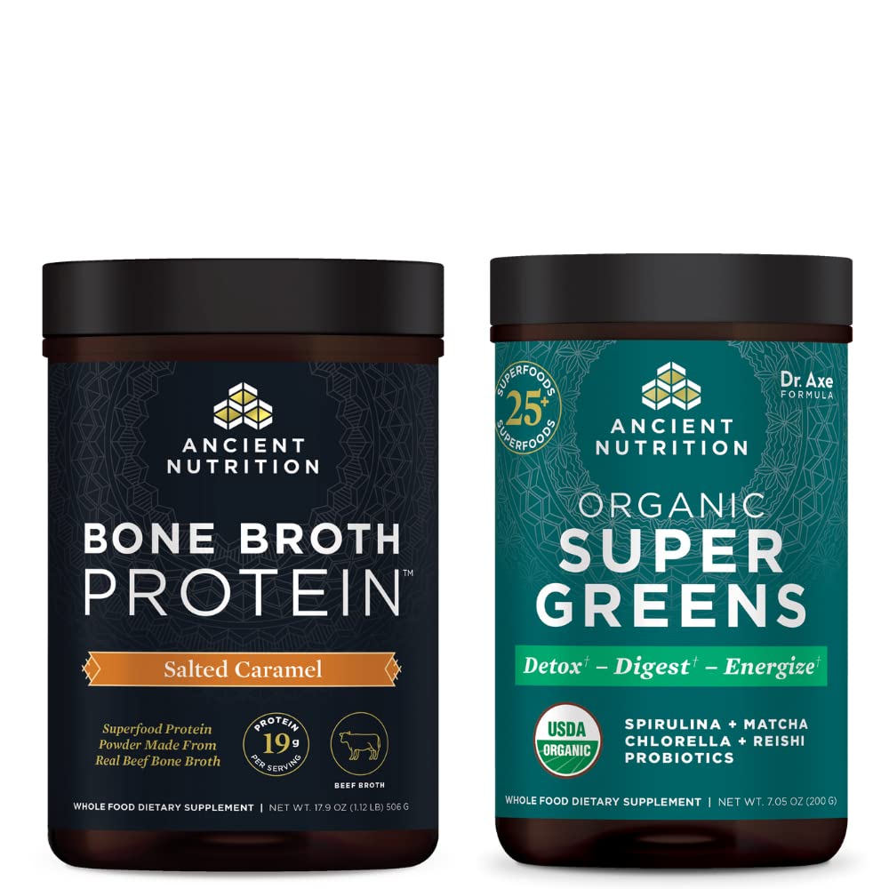 Ancient Nutrition Bone Broth Protein Powder, Saltet Caramel, 20 Servere + Økologisk Supergreens Powder, Green Flavor, 25 Servere