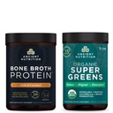 Ancient Nutrition Bone Broth Protein Powder, Saltet Caramel, 20 Servere + Økologisk Supergreens Powder, Green Flavor, 25 Servere
