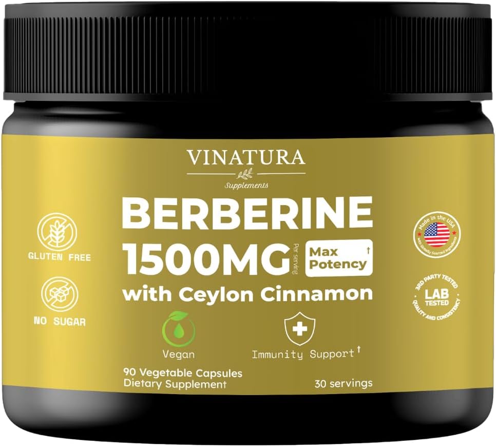 VINATURA Berberine 1500mg - Berberine Supplement with Ceylon Cinnamon, Max Potency Berberine HCL - 90 Capsules