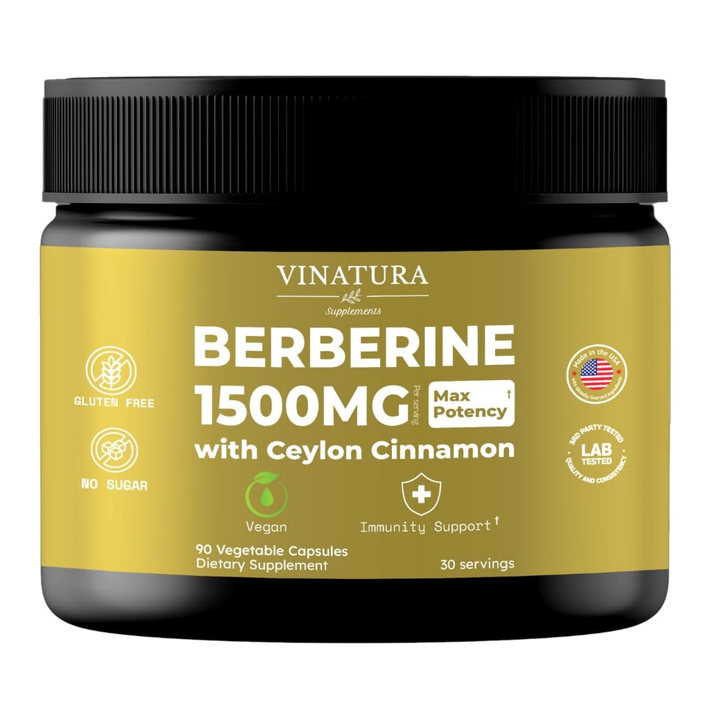 VINATURA Berberine 1500mg - Berberine tillæg med Ceylon kanel, Max Potency Berberine HCL - 90 kapsler