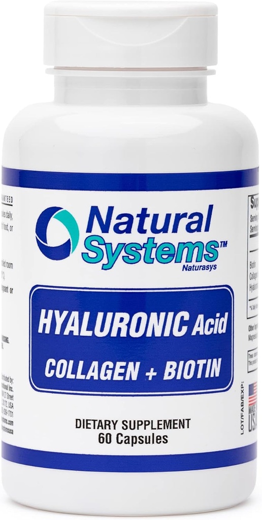 Hyaluronsyre Plus kollagen og biotin 60 kapsler af naturlige systemer - Acido Hialuronico kapsler for forbedret absorption - Hydraulisk hyaluronsyre supplement til huden - stærk hud, hår, negle