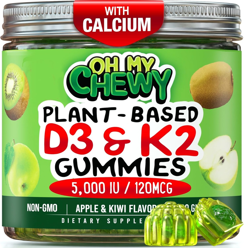 Center- fyldt D3 K2 Gummies - Børn, Teens & Voksne - Supplement for sunde tænder, Knogler, Energi & Immunitet - 5000 IE D3, 120 mcg K2 (MK- 7), 120 mg Calcium - Vegan & non- GMO - 60 Tæl