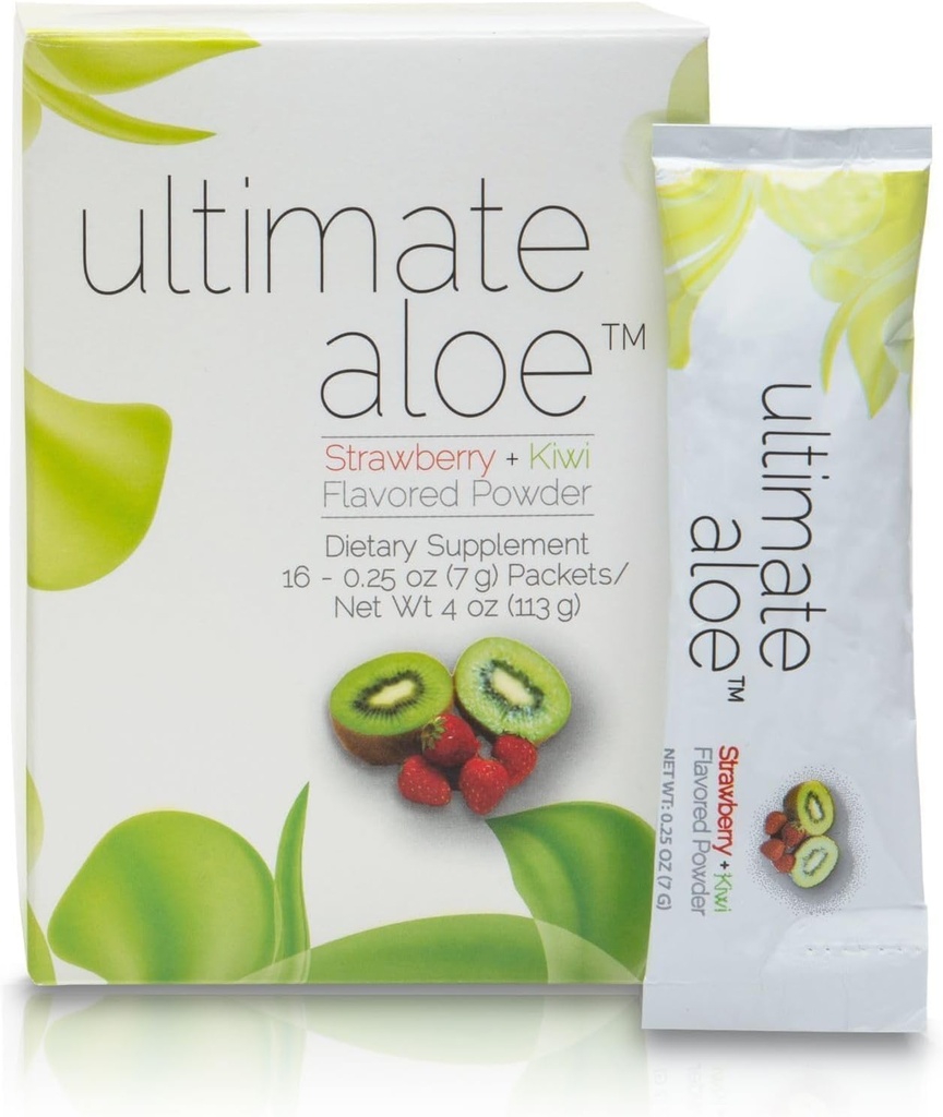 Ultimate Aloe Powder - Strawberry Kiwi Flavor, Understøtter fordøjelsessygdomme, immunsystem & Normal Healing, Aloe i praktiske pulverpakker, 16 Pakker, Gluten- Free, Vegan, Non- GMO