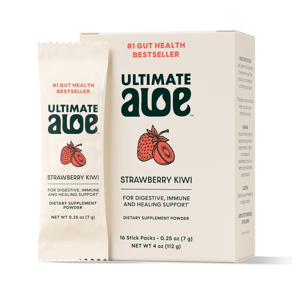 Ultimate Aloe Powder - Strawberry Kiwi Flavor, Understøtter fordøjelsessygdomme, immunsystem & Normal Healing, Aloe i praktiske pulverpakker, 16 Pakker, Gluten- Free, Vegan, Non- GMO