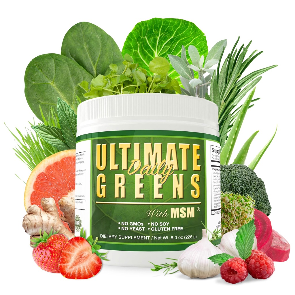 Daglig sundhed, Ultimate Green med MSM Powder, Vegan Friendly Natural Ingredients Gluten Soy Free NO GMO Superfood Vegetabilske Nutritional Drikke Alkaliserende Energy 8oz 1 Pack (1 måned Tilgang)