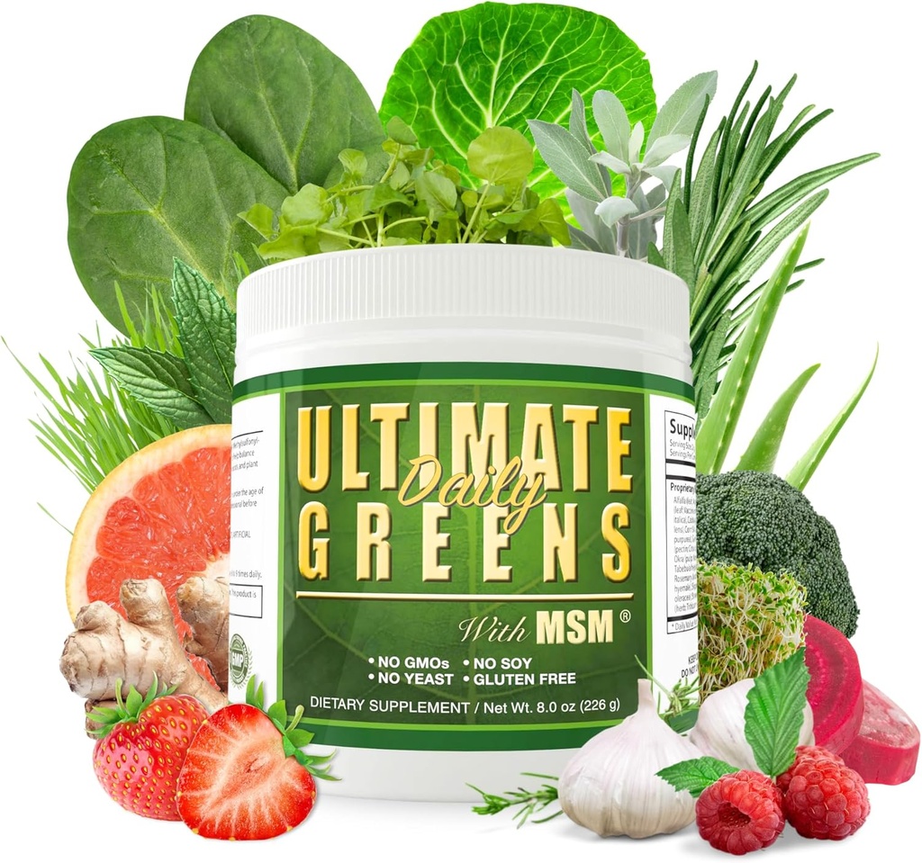 Daglig sundhed, Ultimate Green med MSM Powder, Vegan Friendly Natural Ingredients Gluten Soy Free NO GMO Superfood Vegetabilske Nutritional Drikke Alkaliserende Energy 8oz 1 Pack (1 måned Tilgang)