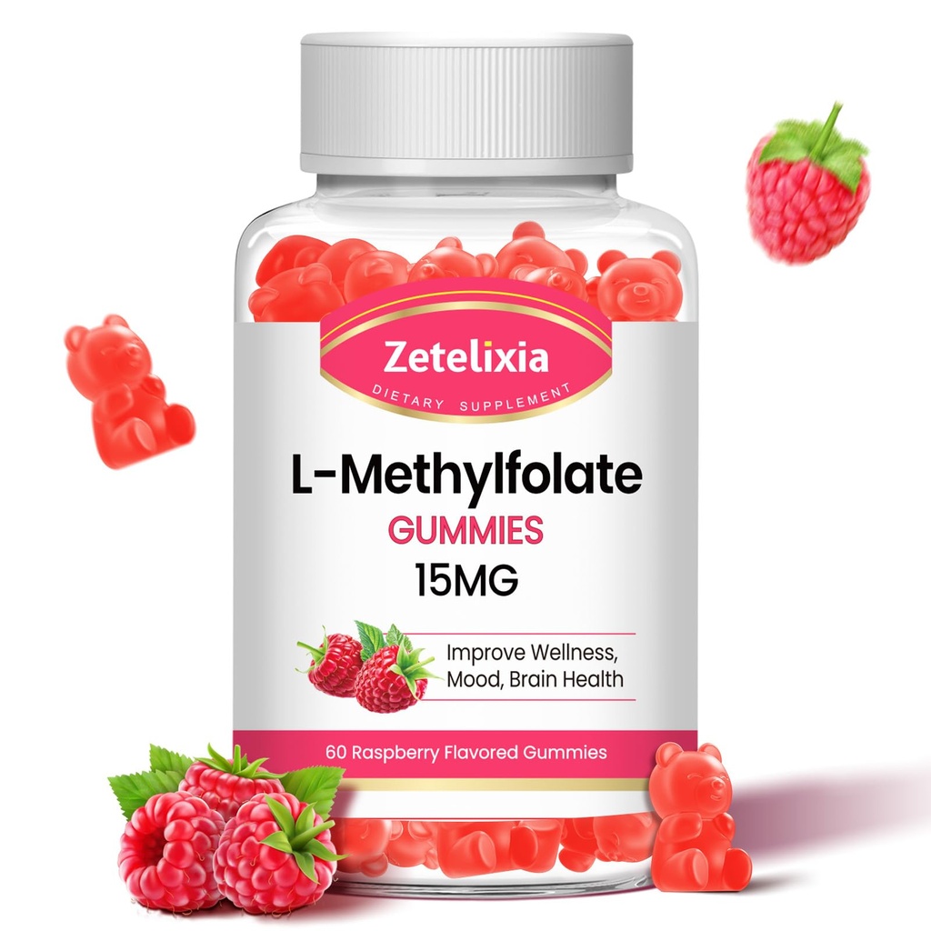L- Methylfolat 15mg & Methyl B12 Gummies, Folate Supplement for Brain Health, Mood & Immunity, DNA Syntese & Repair, Sugar Free, Vegan, Raspberry Flavor, 60 Count