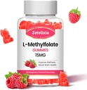L- Methylfolat 15mg & Methyl B12 Gummies, Folate Supplement for Brain Health, Mood & Immunity, DNA Syntese & Repair, Sugar Free, Vegan, Raspberry Flavor, 60 Count