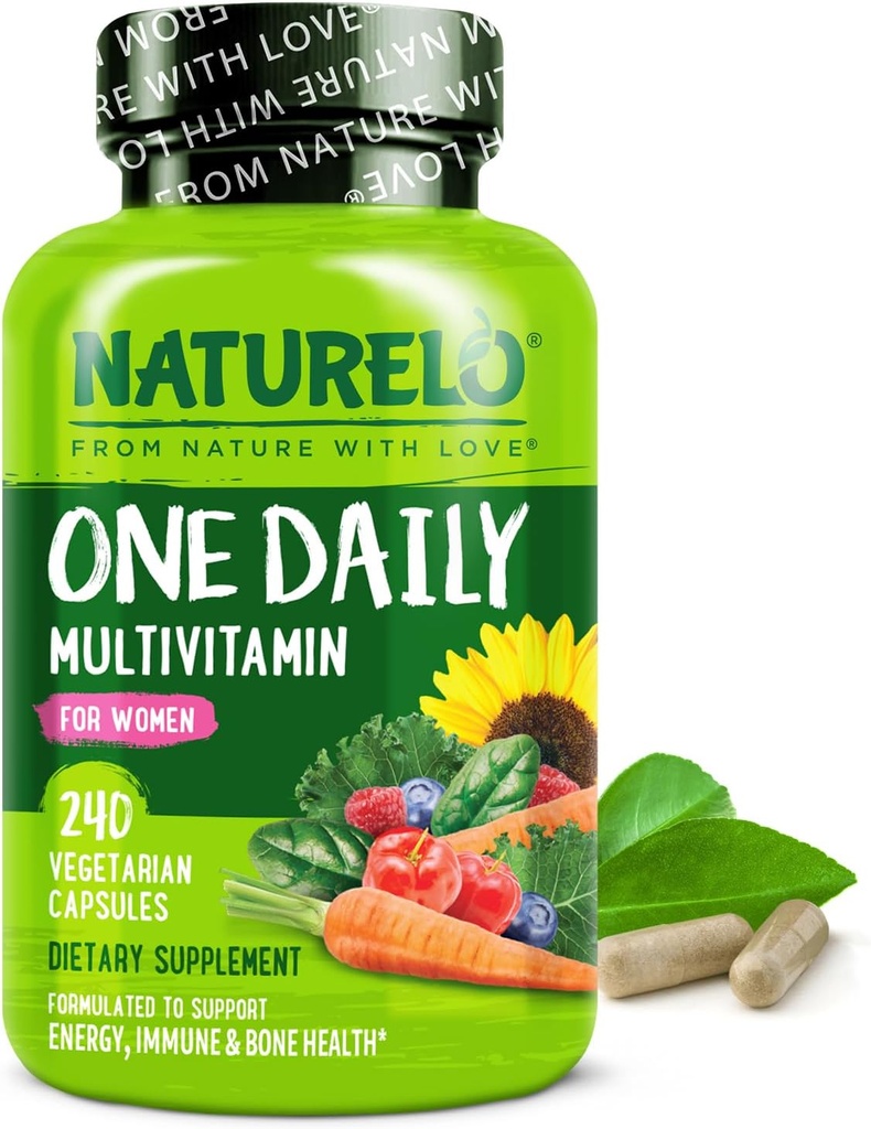 NATURELO One Daily Multivitamin for Women - Energy Support - Whole Food Support to Nourish Hår, Hud, Nails - Non-GMO - No Soy - Gluten Free - 240 Kapsler er 124; 8 Måned Supply