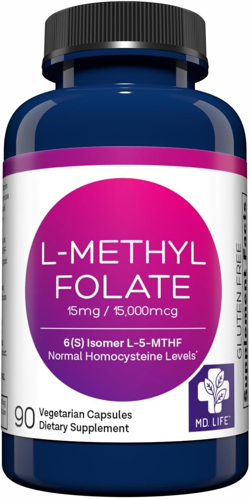MD Life L- Methylfolat 15 mg Supplement - Professionel - Grade Aktiv L Methylfolat Supplement - 90 Kapsler - L- Methylfolat 15mg - Maksimal potens MTHFR W / essentielle aminosyrer