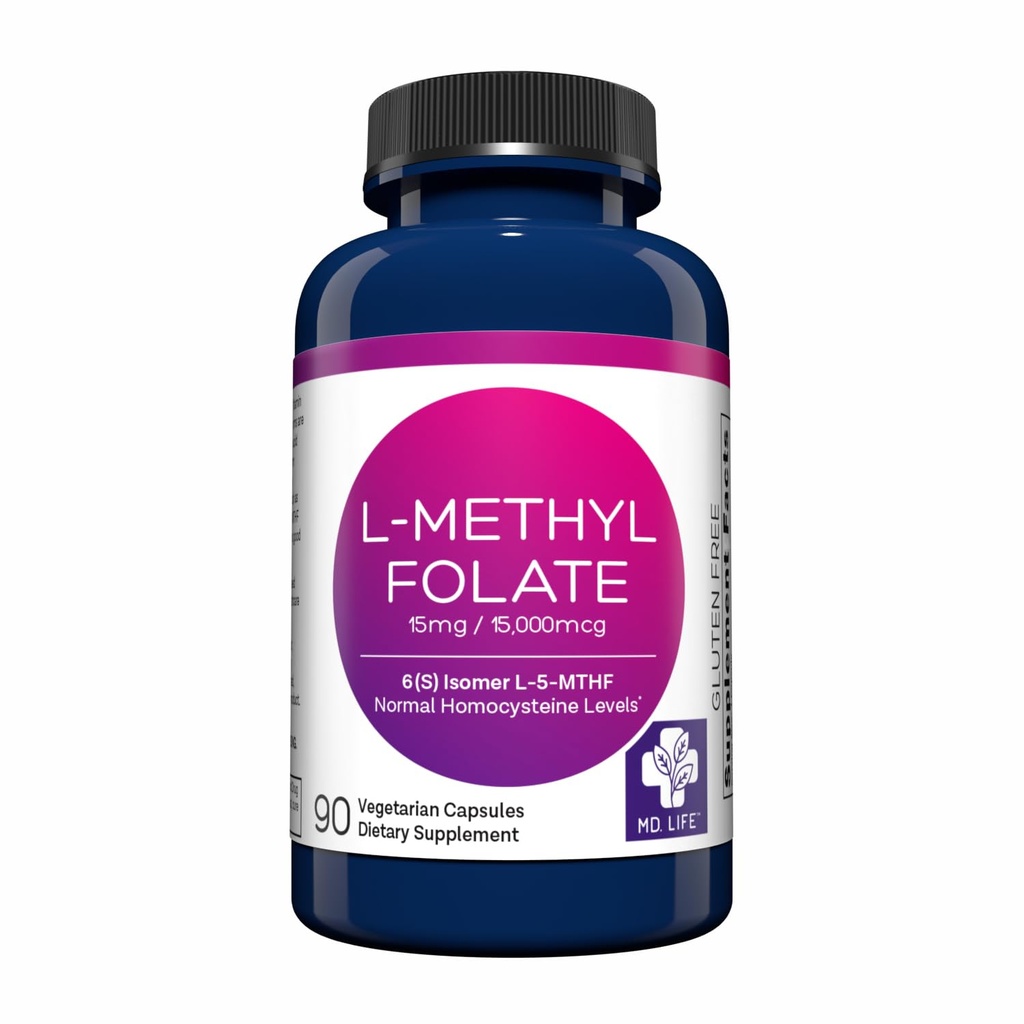 MD Life L- Methylfolat 15 mg Supplement - Professionel - Grade Aktiv L Methylfolat Supplement - 90 Kapsler - L- Methylfolat 15mg - Maksimal potens MTHFR W / essentielle aminosyrer