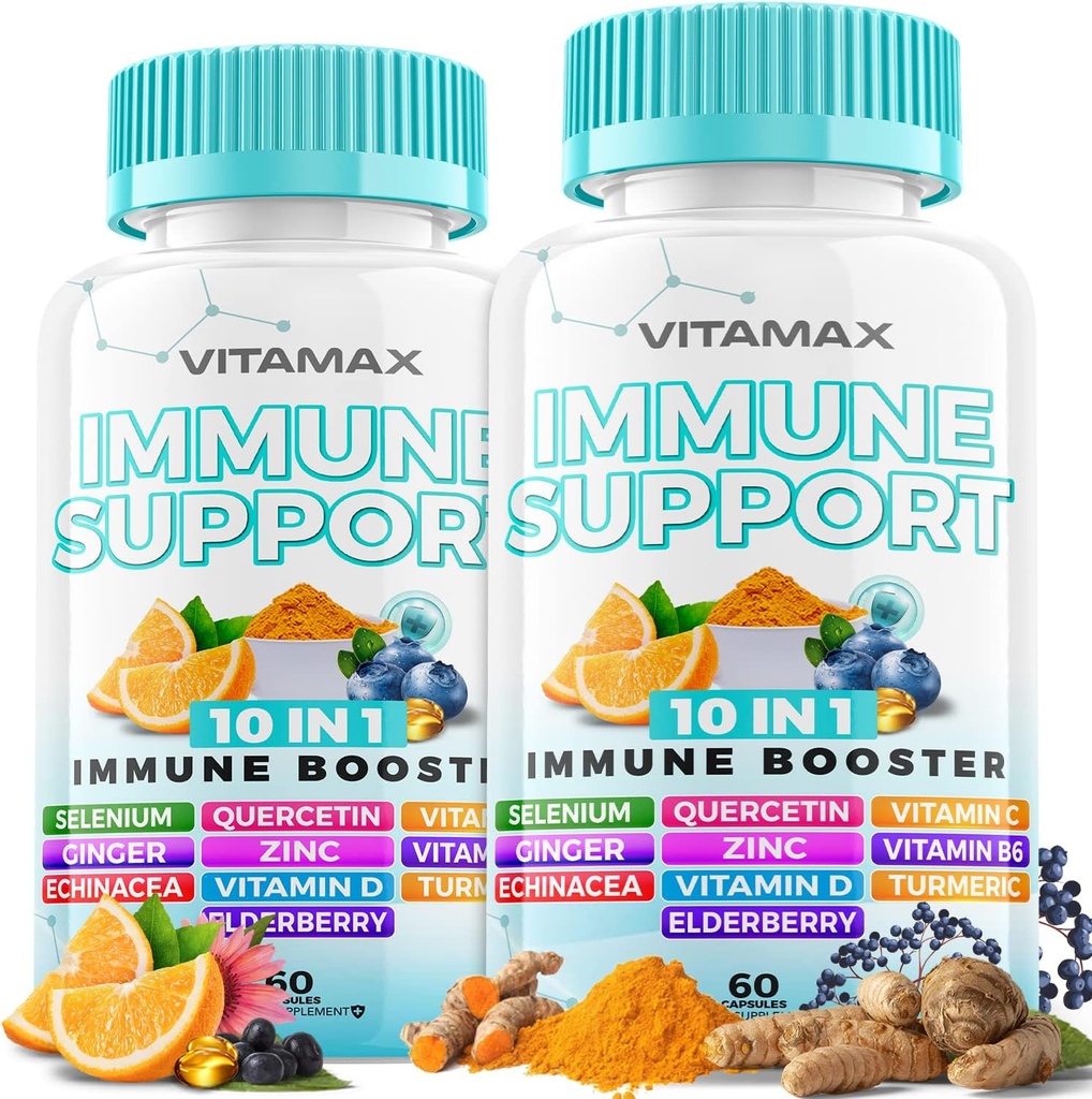 10- in-1 Immunstøtte med Elderberry, D3, Selen, Quercetin, Zink, C-vitamin, Ginger, Gurkemeje, B6, Echinacea - Immunforsvar - Made in USA (60 Count (Pack of 2))
