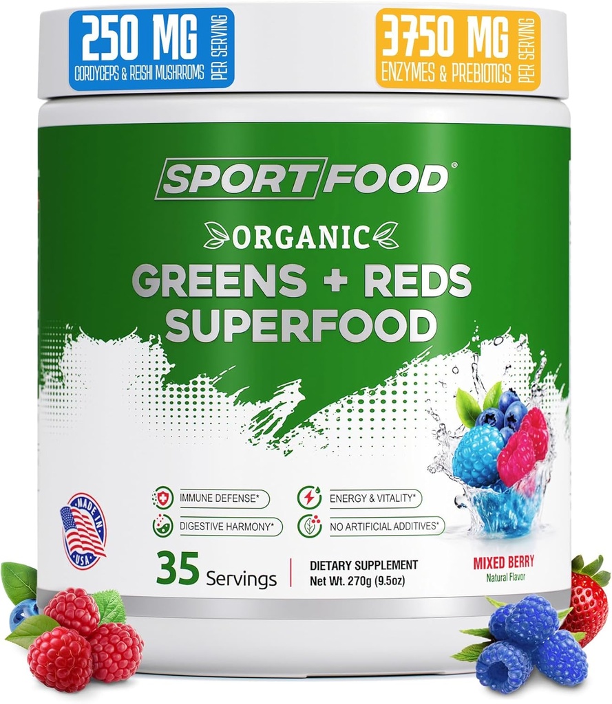 Organic Greens & Red Superfood Powder 124; Blandet Berry Flavor 124; 25 + Super Fruits & Veggies, Beets, Prebiotics Б124; Energizing, Antioxidant- Rich, Keto- Friendly Smoothie Mix 124; 35 Servering
