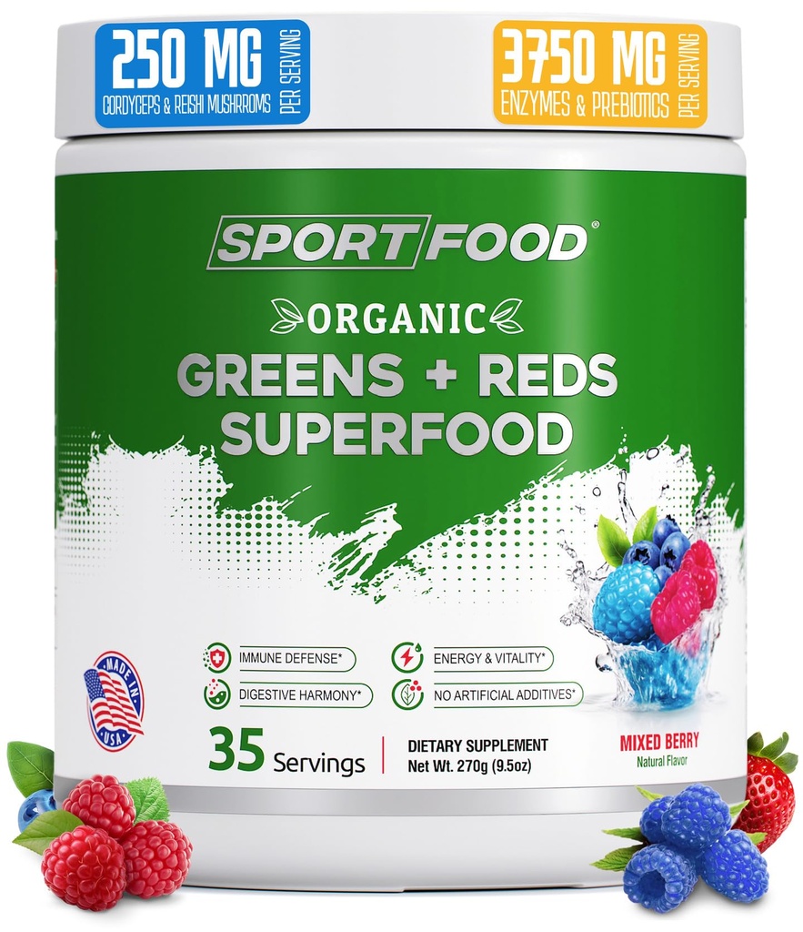 Organic Greens & Red Superfood Powder 124; Blandet Berry Flavor 124; 25 + Super Fruits & Veggies, Beets, Prebiotics Б124; Energizing, Antioxidant- Rich, Keto- Friendly Smoothie Mix 124; 35 Servering
