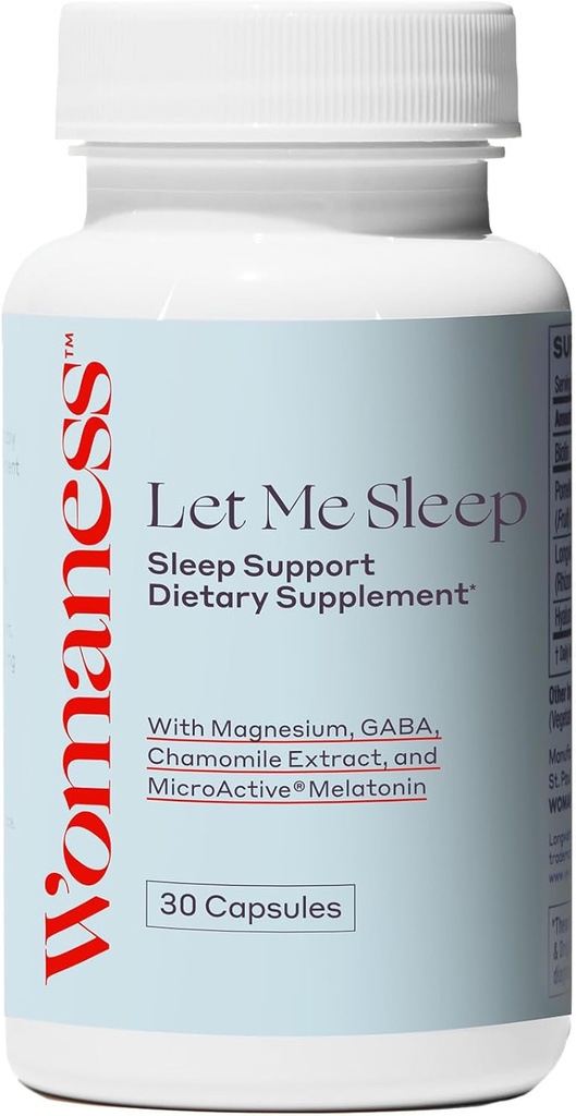 Womaness Lad mig sove kosttilskud til voksne - Natural Sleeping Aid med Melatonin 3 mg, Magnesium supplement, GABA & kamille ekstrakt for rolig søvn - Nattetid Support til søvn - 30 kapsler