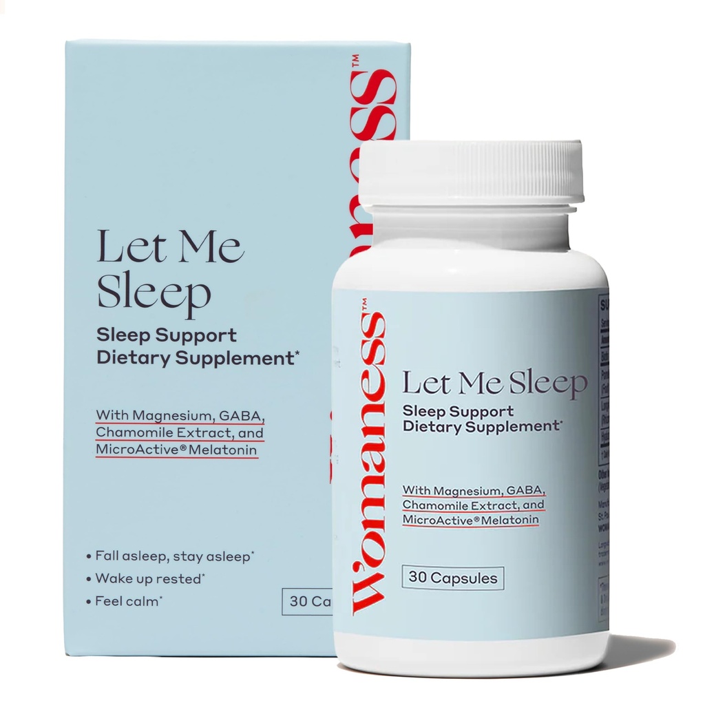 Womaness Lad mig sove kosttilskud til voksne - Natural Sleeping Aid med Melatonin 3 mg, Magnesium supplement, GABA & kamille ekstrakt for rolig søvn - Nattetid Support til søvn - 30 kapsler