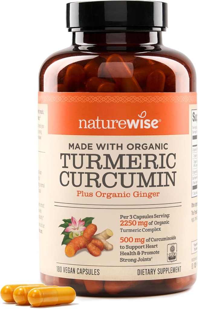 NatureWise Curcumin Gurkemeje 2250mg - 95% Curcuminoids & BioPerine Black Pepper Extract for Advanced Absorption - Daglig fælles og immunforsvar - Vegan, Non- GMO, 180 Greve [60- Day Supply]