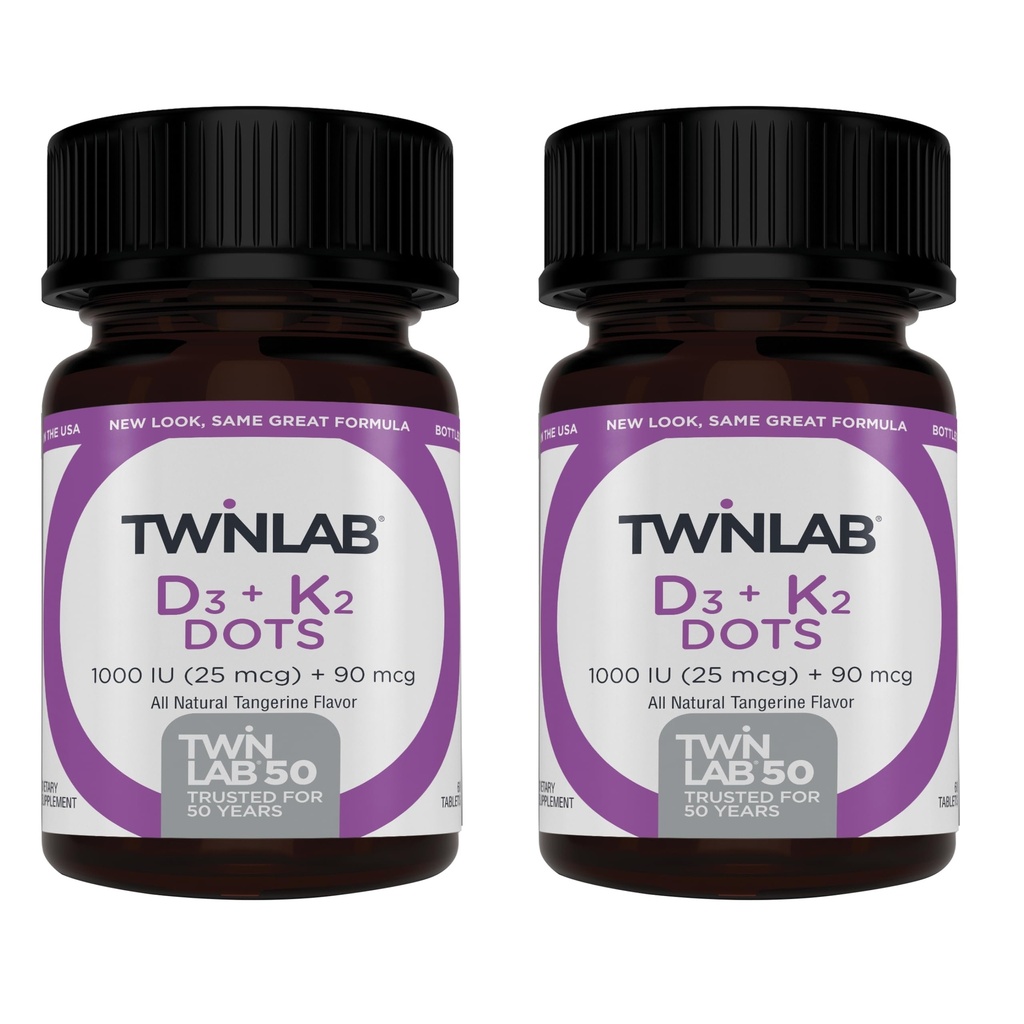 Twinlab Vitamin D3 1000 + K2 Dotter - Knogle- og hjertesygdomme - Immunstøtte - 25 mcg, 60 tabletter (1000 IE) (2 Pack)