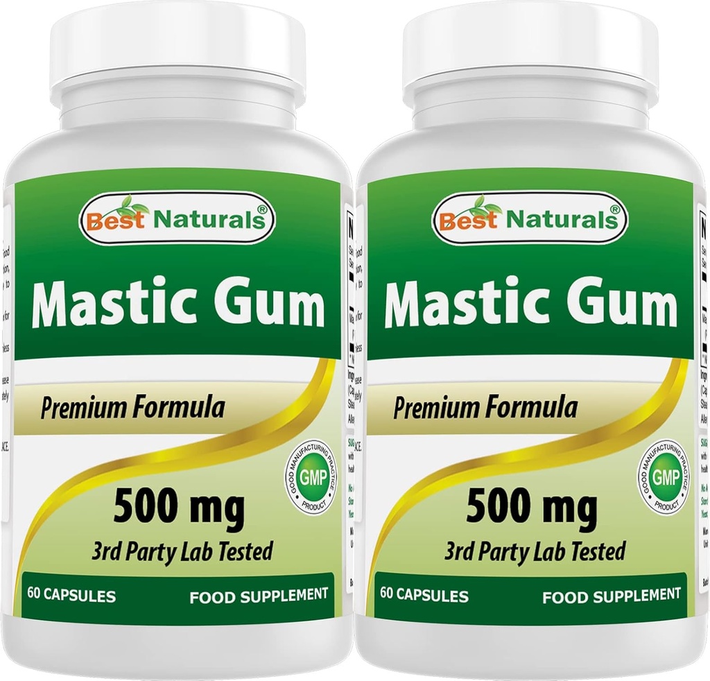 Bedste Naturals 2 Pack Mastic Gum Kapsler 500 mg - 60 Tæl - (Non-GMO) (Gluten Free) - fremmer sund mave & Duodenal sundhed - (Total 120 Kapsler)