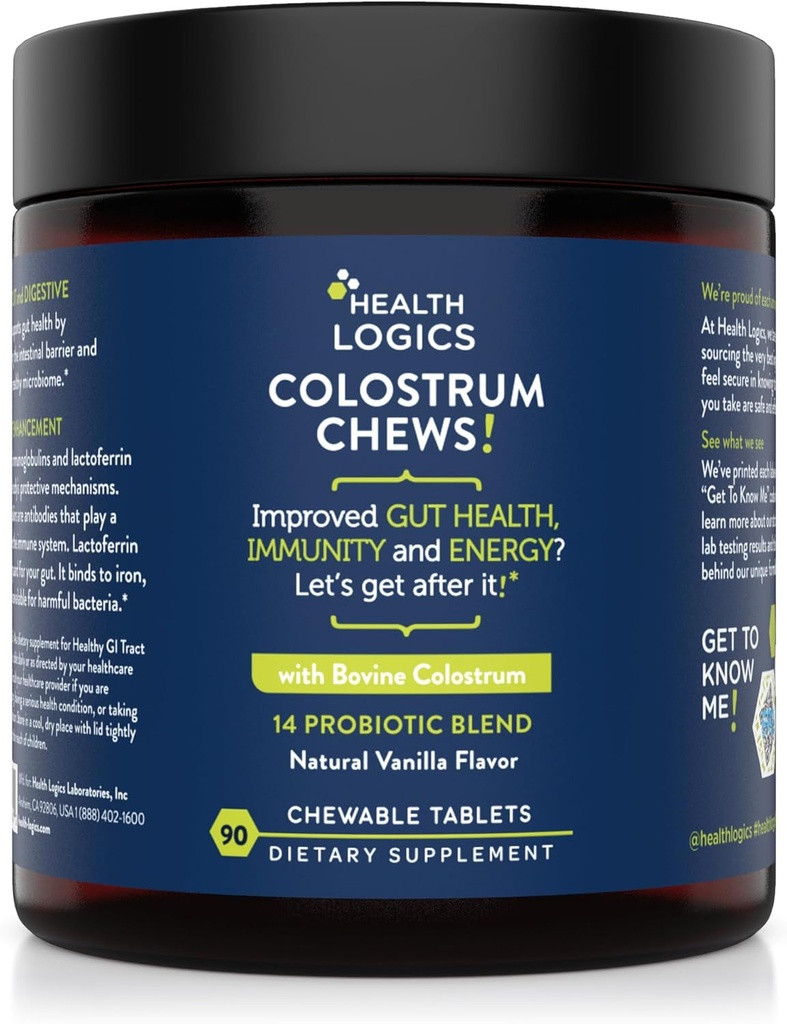Health Logics Colostrum Chews- Colostrum Supplement 25% IgG for Gut Health, immunforsvar, hårvækst, Vanilla Flavor, 90 Servering, Hele Bovine Colostrum Superfood